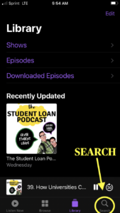 circled search icon in Iphone podcasts app