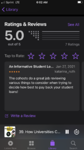 screen shot of the ratings and review page of the student loan podcast on an iphone